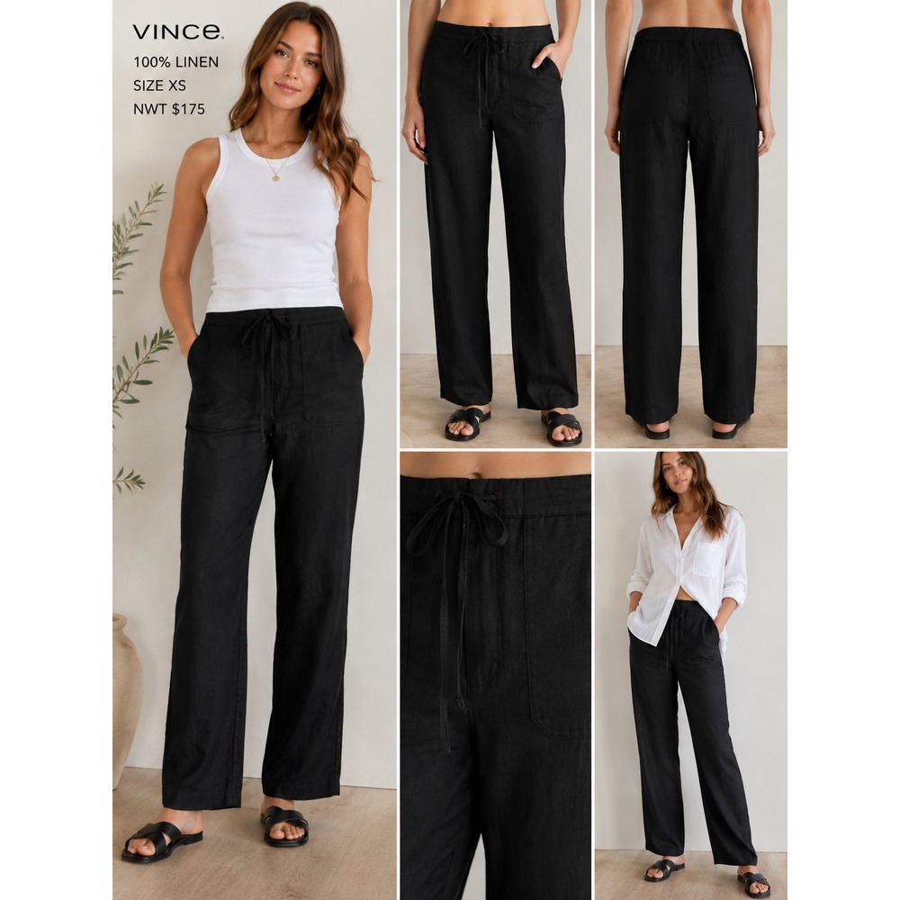 Vince Black 100% Linen Wide Leg Drawstring Pants V124320097 XS NEW